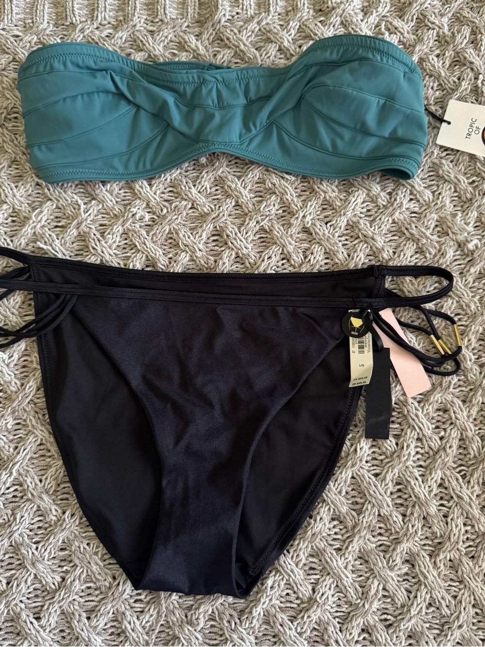 Victoria's Secret Teal Bandeau Top with Black Strappy Bikini Bottoms